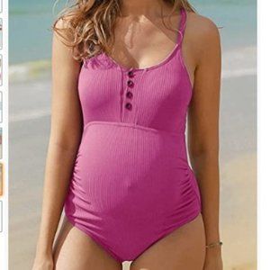 Summer Mae Maternity Swimsuit One Piece Bathing Suit Button Neck Cross Back NWT